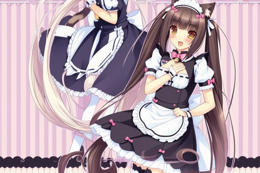 nice hands, perfect hands,
girls, vanilla, xiangcao, cat ear legwear, animal ear legwear, animal ears, cat ears, multiple girls, 2girls, long hair, thighhighs, blue eyes, twintails, tail, maid, maid headdress, smile, cat tail, very long hair, slit pupils, apron, blunt bangs, name tag, clothing cutout, open mouth, bell, brown eyes, artist name, white hair, cleavage cutout, waist apron, blush, own hands together, puffy sleeves, bangs, striped, brown hair, looking at viewer, wrist cuffs, bow, black hair, puffy short sleeves, striped background, jingle bell, :d, ribbon-trimmed clothes,