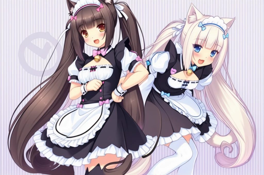 nice hands, perfect hands,
girls, vanilla, xiangcao, cat ear legwear, animal ear legwear, animal ears, cat ears, multiple girls, 2girls, long hair, thighhighs, blue eyes, twintails, tail, maid, maid headdress, smile, cat tail, very long hair, slit pupils, apron, blunt bangs, name tag, clothing cutout, open mouth, bell, brown eyes, artist name, white hair, cleavage cutout, waist apron, blush, own hands together, puffy sleeves, bangs, striped, brown hair, looking at viewer, wrist cuffs, bow, black hair, puffy short sleeves, striped background, jingle bell, :d, ribbon-trimmed clothes,