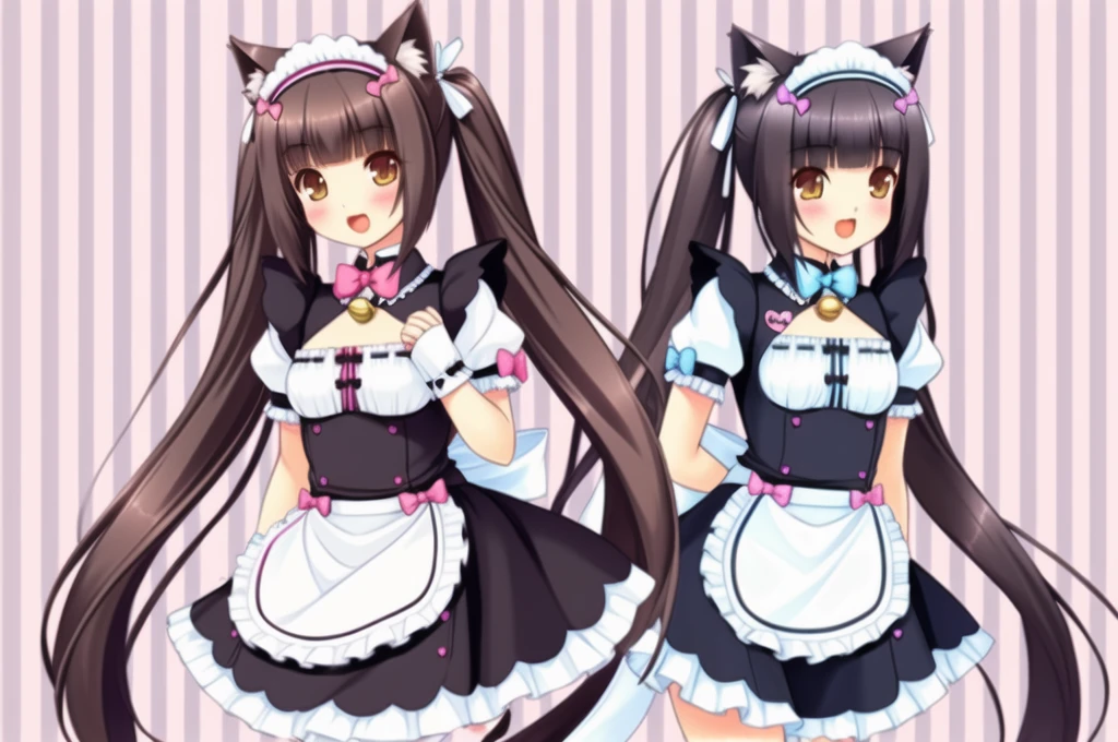 nice hands, perfect hands,
girls, vanilla, xiangcao, cat ear legwear, animal ear legwear, animal ears, cat ears, multiple girls, 2girls, long hair, thighhighs, blue eyes, twintails, tail, maid, maid headdress, smile, cat tail, very long hair, slit pupils, apron, blunt bangs, name tag, clothing cutout, open mouth, bell, brown eyes, artist name, white hair, cleavage cutout, waist apron, blush, own hands together, puffy sleeves, bangs, striped, brown hair, looking at viewer, wrist cuffs, bow, black hair, puffy short sleeves, striped background, jingle bell, :d, ribbon-trimmed clothes,