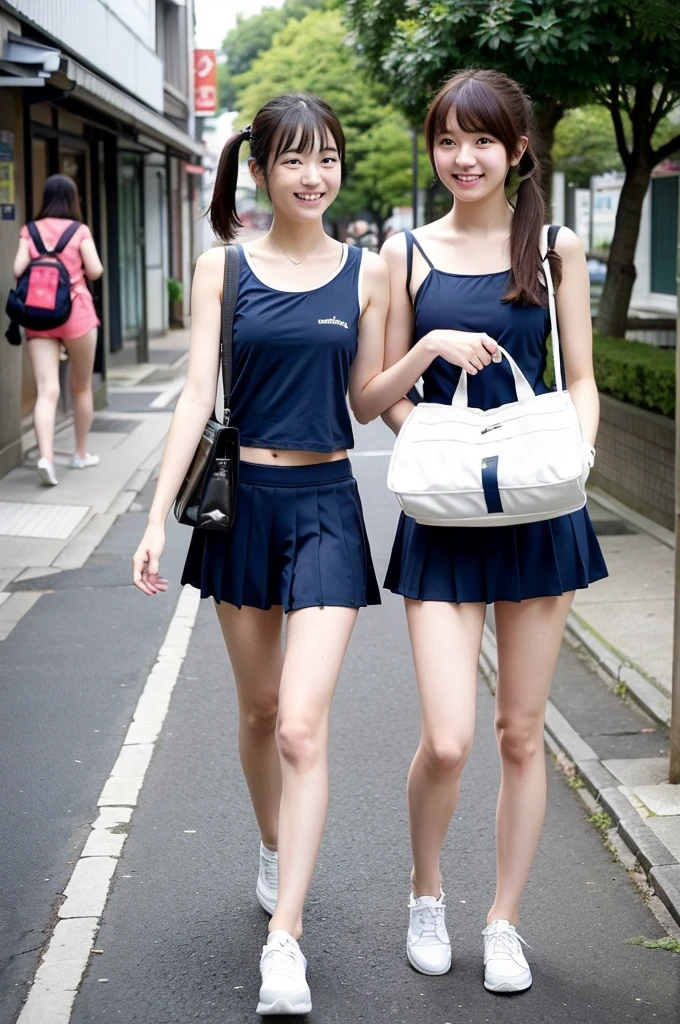 2 girls walking in sunny Japanese street,navy blue school swimsuit,student bag,18-year-old,bangs,a little smile,thighs,knees,short hair with low pigtails,from before,front light