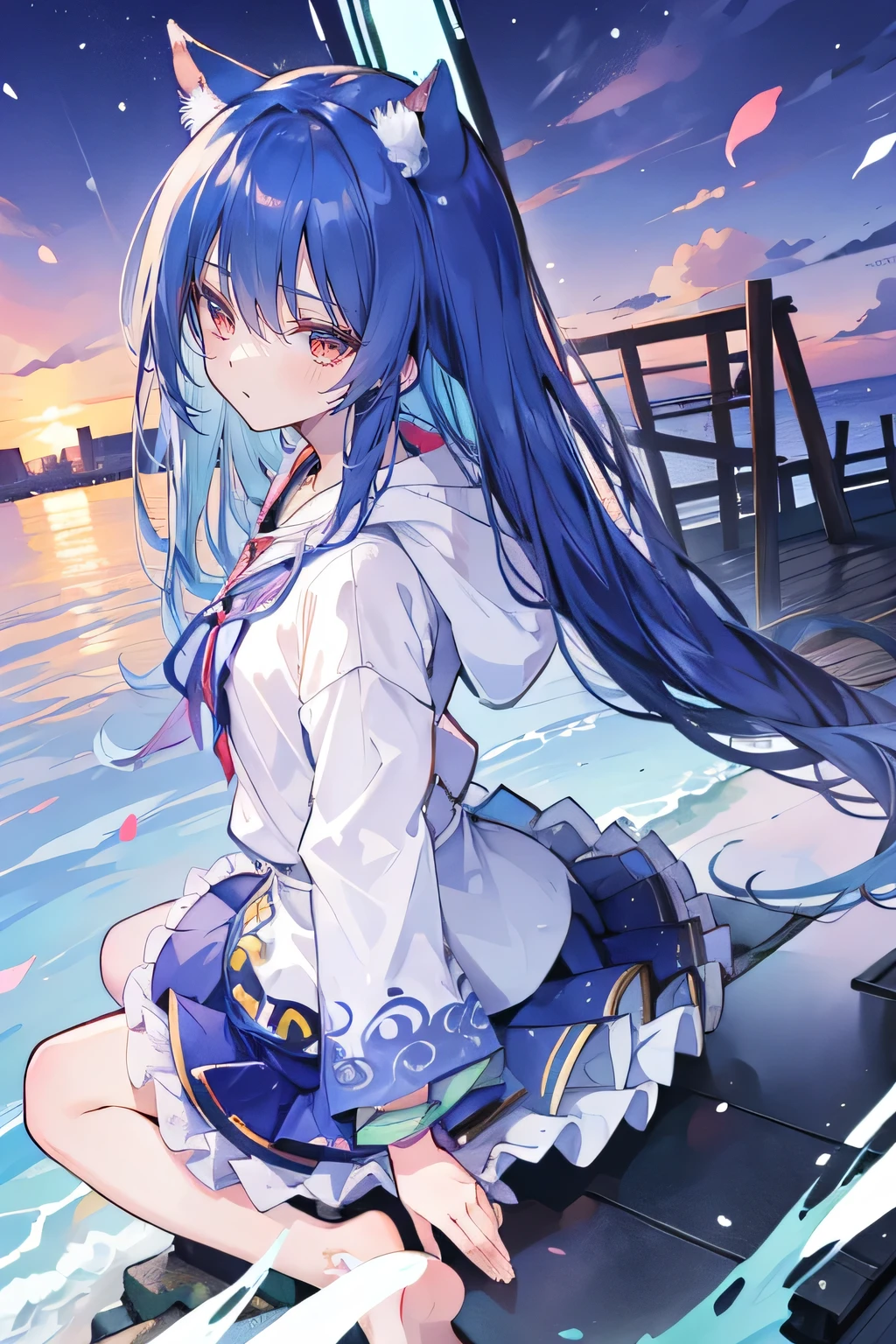 (masterpiece:1.2),Super detailed,lifelike,Expressive eyes,fair skin,perfect face shape,1 girl,
Japanese comics,Gorgeous blue hair,flowing blue hair,flowing clothes,Cat ears,Petals fall,beautiful lola,Baby Angel,sunrise,
Shaking head with one hand,Cross your legs,Gentle and peaceful background,The pavilion is cool and comfortable,smile, wearing hoodie, background of tokyo,back views,snowing, winter,seaside,wet clothes,A smile,A faint smile,。