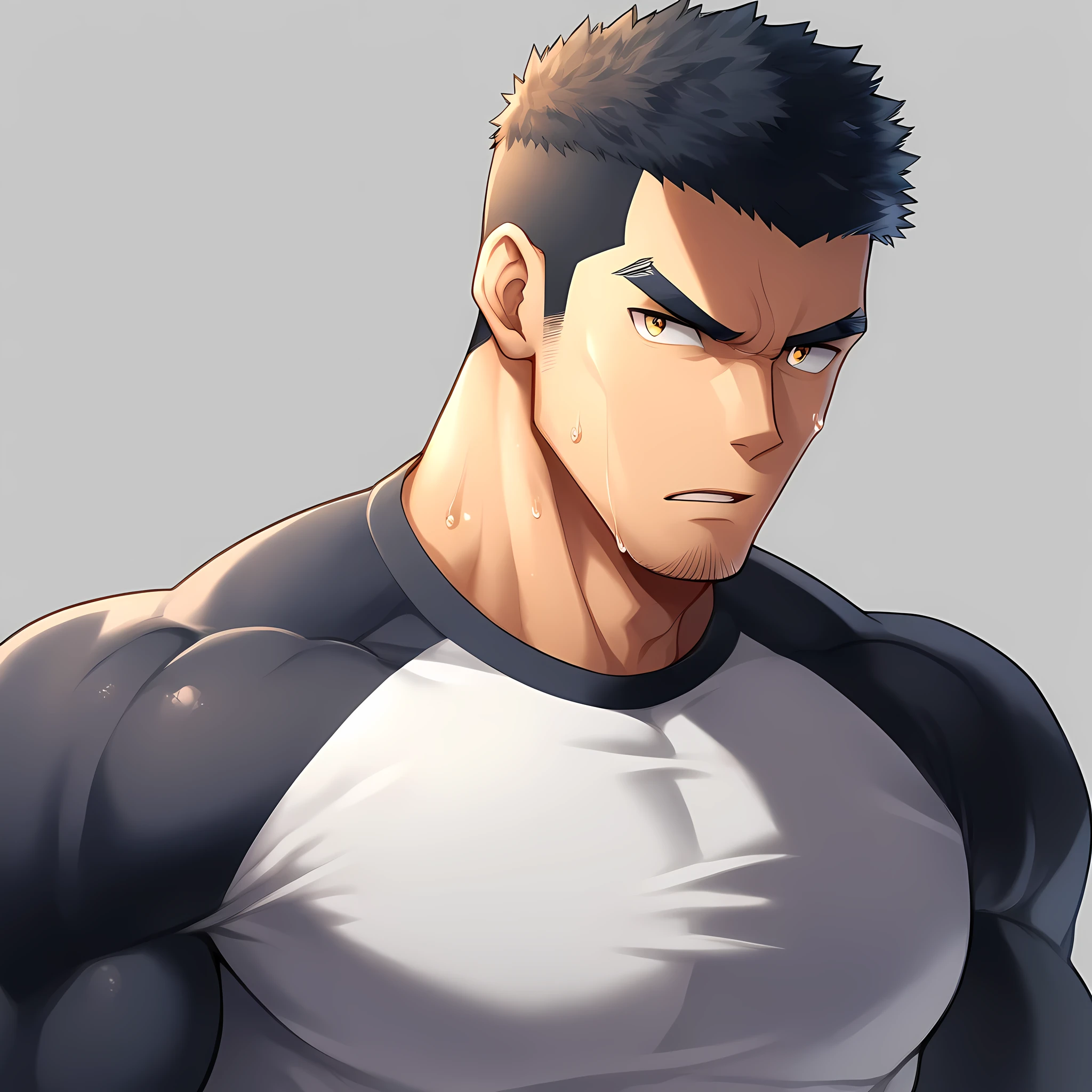 anime characters：Gyee, Muscle Sports Student, 1 muscular tough guy, Manliness, male focus, Close-up of the side, Light yellow high collar long sleeve tight T-shirt, Very tight, The clothes were soaked with sweat, The pectoral muscles are oversized, Slightly transparent, muscular male, muscular, only, Upper body, alone, Black short hair, Thick eyebrows, stubble, Yellow eyes, Grey background, simple background, amazing quality, best aesthetics, Ridiculous, bright pupils, crew cut, parted lips, v-shaped eyebrows, jitome, disdain, drop shadow, best quality