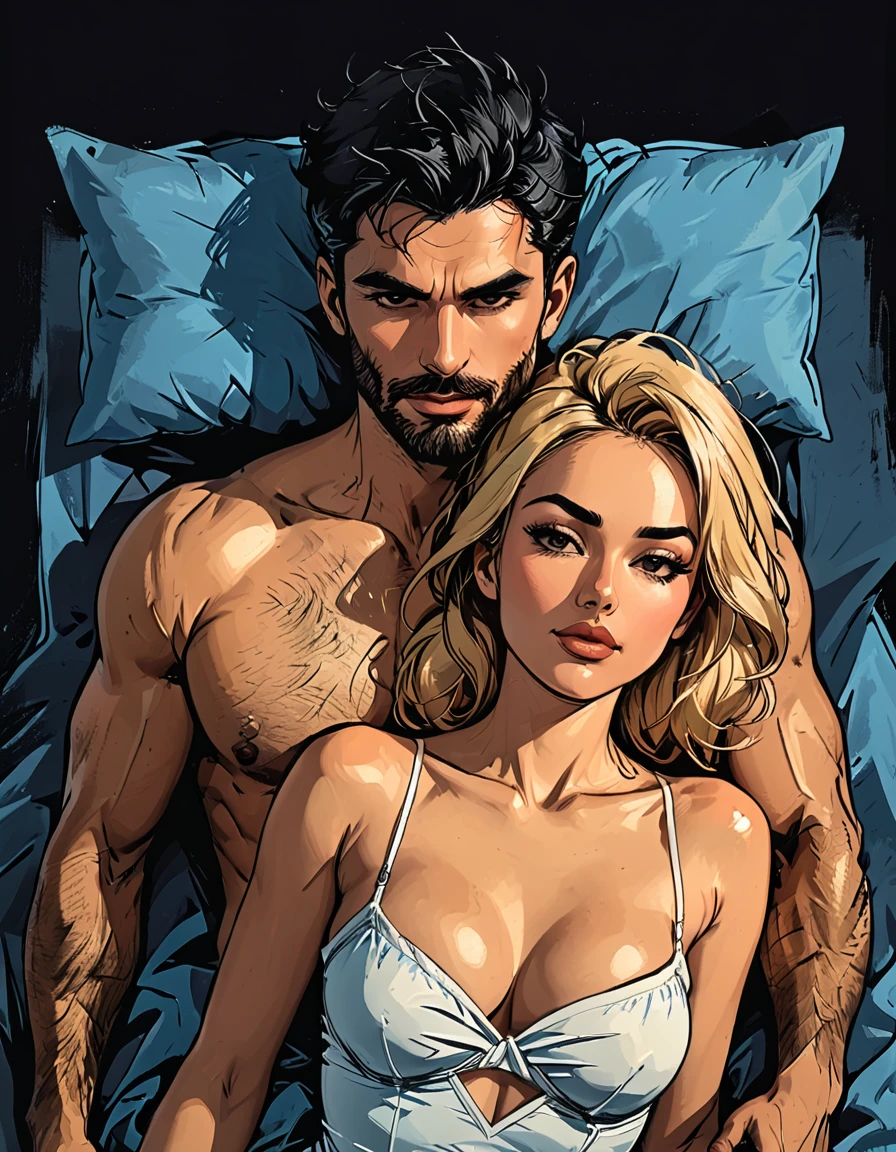 top view, bedroom with blue bed, room, dark atmosphere, (high-tech design), night, blue wall,  
a man lies with a girl in a bed,

 ((man) Adult Italian Mesomorph Muscular body perfect Olive skin short Muscular neck Rectangle faces broad Muscular shoulders Attached Cupped Ears, (man Low Forehead black short combed back hair) Fleshy nose Bold Tapered black Eyebrows High Angular Prominent Cheekbones Heart-Shaped Cheeks triangular Chin Angular jawline closed eyes Thin nude Lips Designer Stubble black whiskers triangular black hair beard,) 
((girl) adult [Nordic], Hourglass body perfect Olive skin Oval Face Long neck Rounded shoulders Attached Pointed ears round forehead, (girl Short blonde Waves pixie hair) snub nose Arched eyebrows closed Eyes High Round Narrow cheekbones Dimpled Cheeks Rounded Chin Rounded Jawline Fine Puppet Wrinkles Full nude Lips Nude Makeup Look long eyelashes,)
graphic style of novel comics, 2d, 8k, hyperrealism, masterpiece, high resolution, best quality, ultra-detailed, super realistic, Hyperrealistic art, high-quality, ultra high res, highest detailed, lot of details, Extremely high-resolution details, incredibly lifelike, colourful, soft cinematic light,