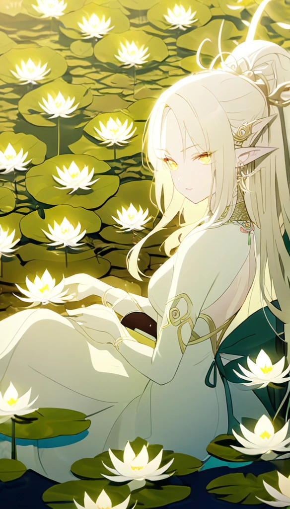 1woman, elven ears, light god, light blonde hair, longest hairstyle, glowing yellow eyes, lotus fields, thai style, elegant, traditional thai white dress,
