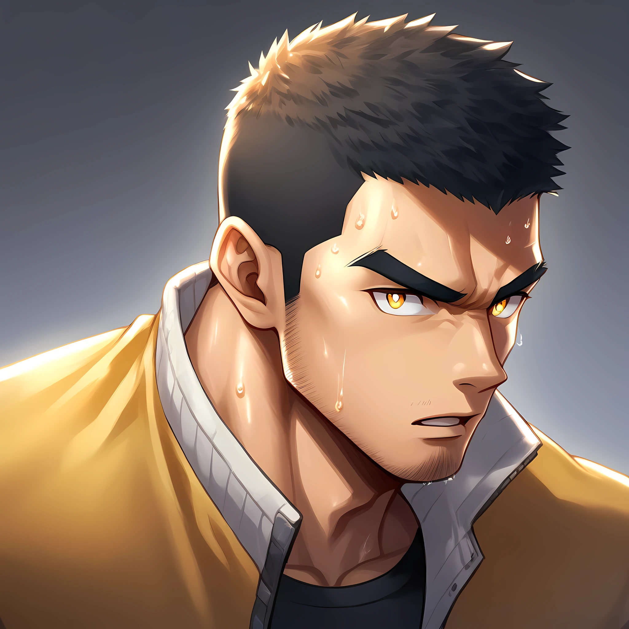 anime characters:Gyee, Muscle Sports Student, 1 muscular tough guy, Manliness, male focus, Close-up of the side, Light yellow high collar long sleeve tight T-shirt, Very tight, The clothes were soaked with sweat, The pectoral muscles are oversized, Slightly transparent, muscular male, muscular, only, Upper body, alone, Black short hair, Thick eyebrows, stubble, Yellow eyes, Grey background, simple background, amazing quality, best aesthetics, Ridiculous, bright pupils, crew cut, parted lips, v-shaped eyebrows, jitome, disdain, drop shadow, best quality