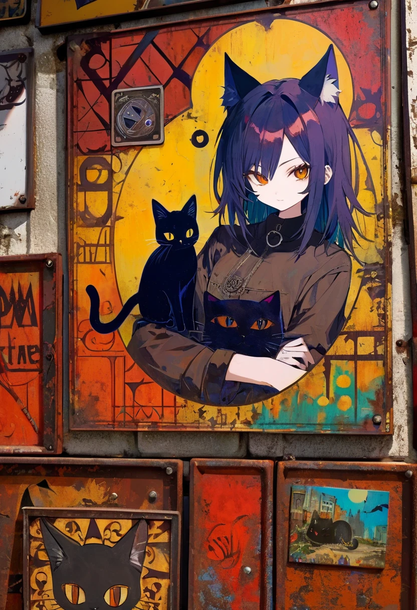 simple decorative rusty metal sign with a drawing of a satanic cat, dark, artwork inspired by Dave McKean, vivid colors, intricate details, oil painting.