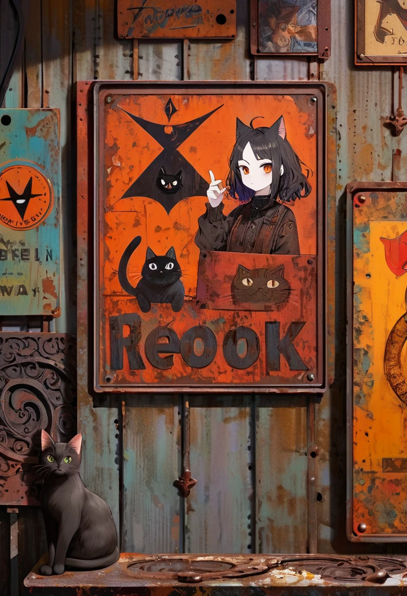 simple decorative rusty metal sign with a drawing of a satanic cat, dark, artwork inspired by Dave McKean, vivid colors, intricate details, oil painting.

