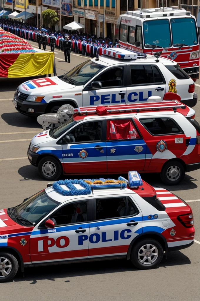 Car of the national police of Peru with many decorations for a parade