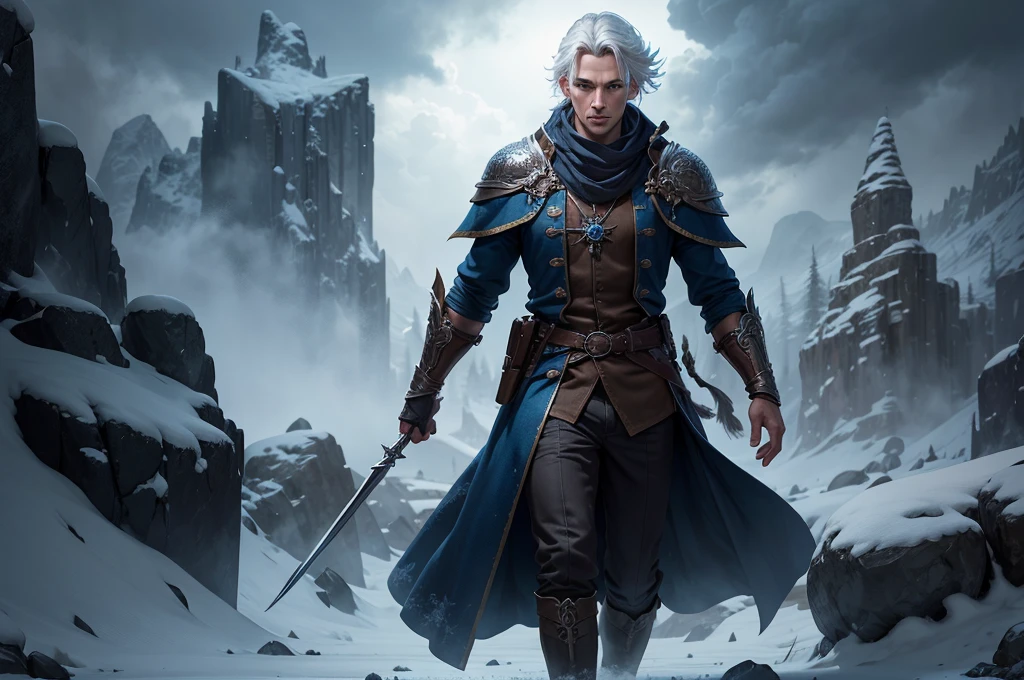 A young and handsome man, mage, white hair, blue eyes, adventurer, in a snowy place, alchemist's clothes, (best quality,4k,8k,highres,masterpiece:1.2),ultra-detailed,(realistic,photorealistic,photo-realistic:1.37),detailed face, beautiful detailed eyes, beautiful detailed lips, extremely detailed eyes and face, long eyelashes, full body, fantasy, magical, cold atmosphere, icy landscape, snow, winter, alchemy, mystical, cinematic lighting, dramatic lighting, moody lighting, vibrant colors, ethereal
