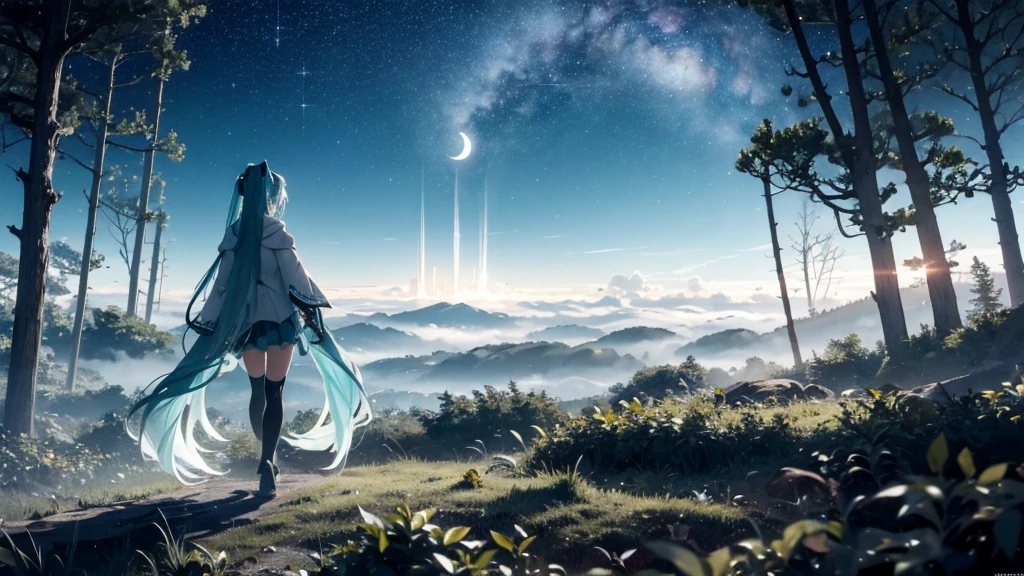 Set against the backdrop of an adventurous fantasy world、This is an image of Hatsune Miku walking through a dark forest.。She wears a mysterious cloak。The surroundings are shrouded in fog、In the distance you can see the silhouette of an ancient castle。The sky is a starry night、The moon casts a magical light over the forest.。