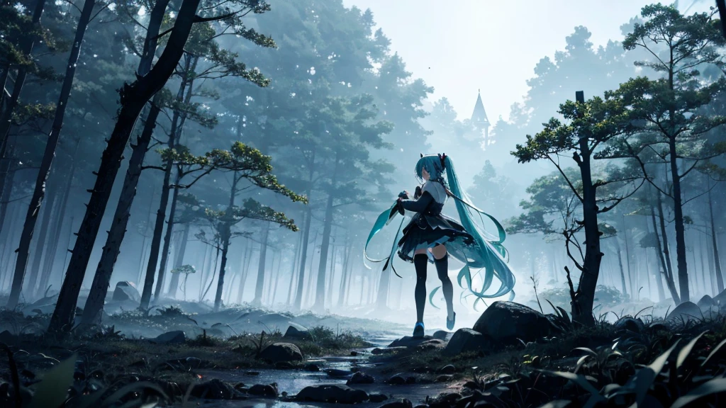 Set against the backdrop of an adventurous fantasy world、This is an image of Hatsune Miku walking through a dark forest.。She wears a mysterious cloak。The surroundings are shrouded in fog、In the distance you can see the silhouette of an ancient castle。The sky is a starry night、The moon casts a magical light over the forest.。