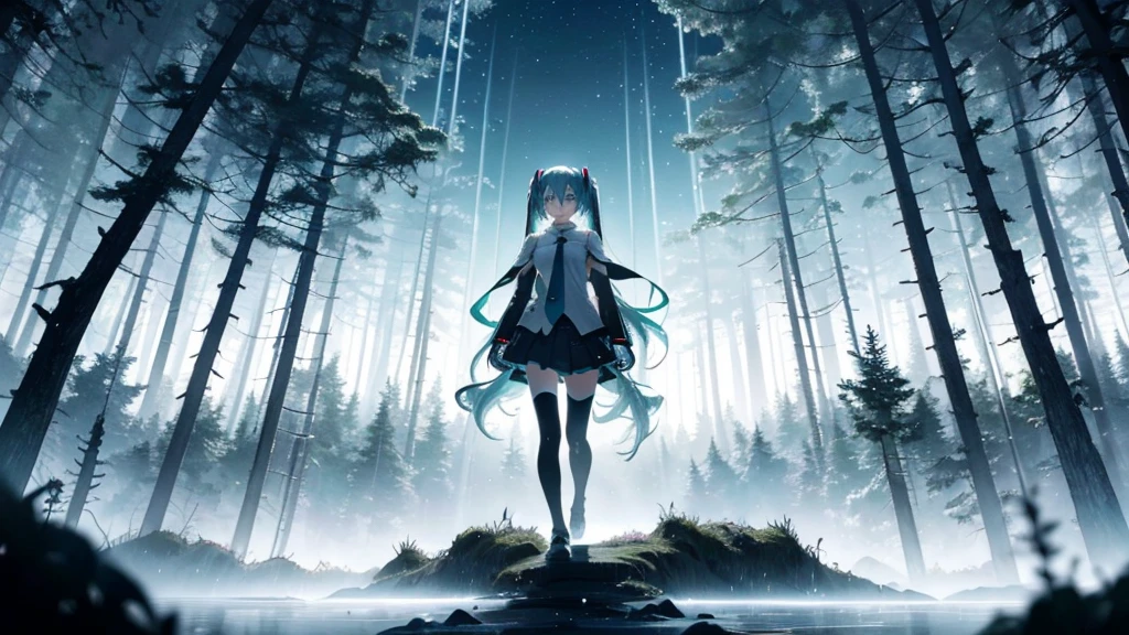 Set against the backdrop of an adventurous fantasy world、This is an image of Hatsune Miku walking through a dark forest.。She wears a mysterious cloak。The surroundings are shrouded in fog、In the distance you can see the silhouette of an ancient castle。The sky is a starry night、The moon casts a magical light over the forest.。
