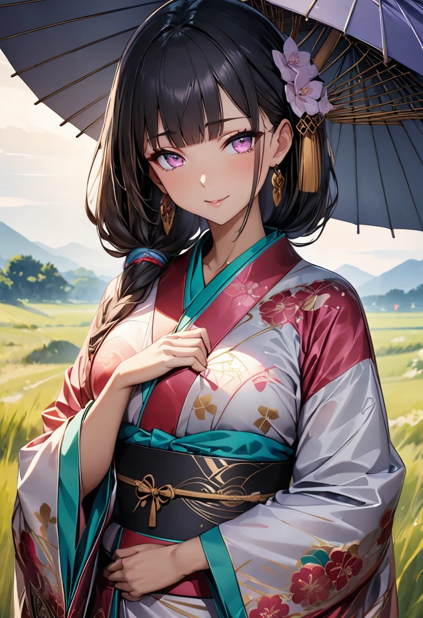 (Perfect Anatomy)、Mastepiece、Ultra High Quality、 8K、masterpiece、Highest quality、Ultra-high resolution、Maximum resolution、Very detailed、Professional Lighting、anime、Adult female、thin、so beautiful、Highly detailed eye、Highly detailed face、Golden earrings、Black Hair,、Pink eyes、Kimono with a beautiful pattern、Gorgeous kimono、kimono、Holding a Japanese umbrella、grassland, Braiding、Straight bangs、whole body