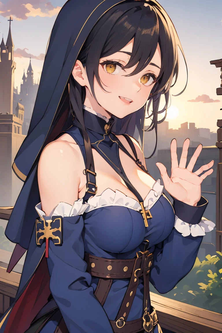 (masterpiece:1.2), (high quality:1.2), (hui xiyi:0.75), rekkyo sensen, rekkyou sensen, girls with((black hair, (tits cleavage:1.15), (waving is hands:1.2), (breasts close up:1.15), (suspenders:1.2), (dress:0.65), (blue clothes:1.05), (belts:0.7), (frills shirt:1.2), (white knit sweater:1.2), (blue frills camisole:1.2), exposed breasts, straps, (cross clothes:1.15), (cross:1.05), upper body, (long wavy hair:1.2), (one side up:1.2), nun, long sleeves, (perfect hands:1.05), (five fingers:1.05))), background with((fantasy world, ruin, castle, beautiful sky, shining sky, sunshine))