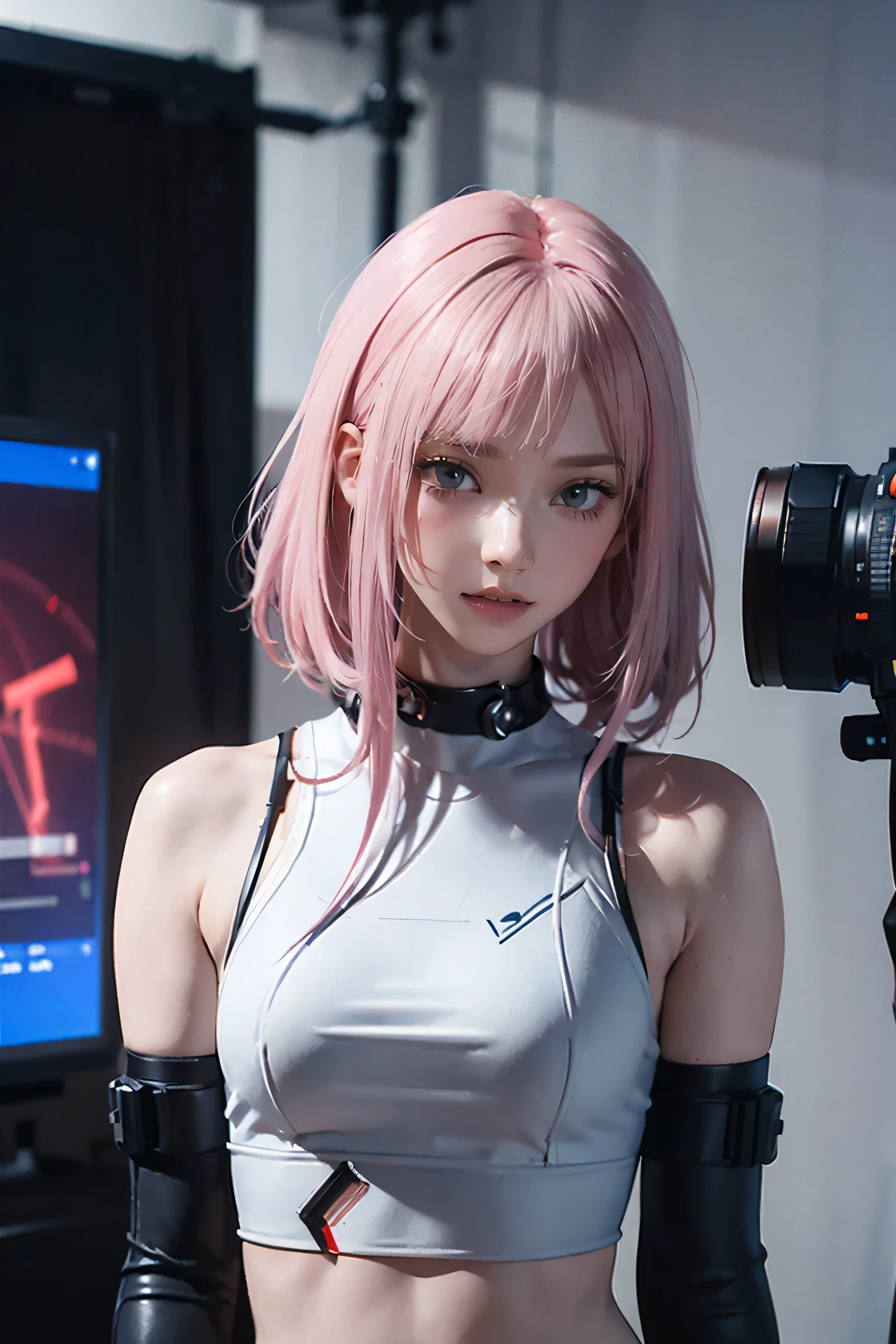 Highest quality, Ultra-high resolution, Realistic, Cyberpunk sexy pink hair girl、Take photos in a studio environment with a gray background, View your viewers, Upper Body, thin, Visible Cracks, Crop top,Big Breasts,(The clothes are transparent), (NSFW:1.1)
