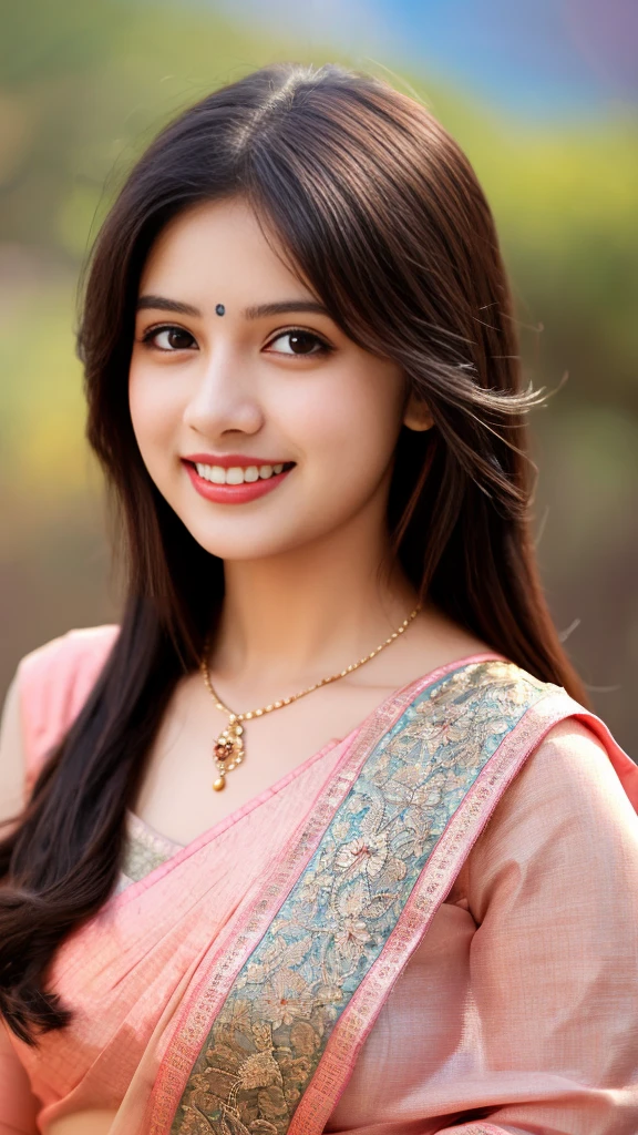 , ultra high detailed, an indian girl, cute smile realistic face, happy, long hair, impressive hairstyle, detailed eyes, detailed lips, indian clothes, saree, pink saree, lace, wearing jewellery, nature background, flowers, afternoon, bokeh shadow, clear weather, whole body capture,noch slim