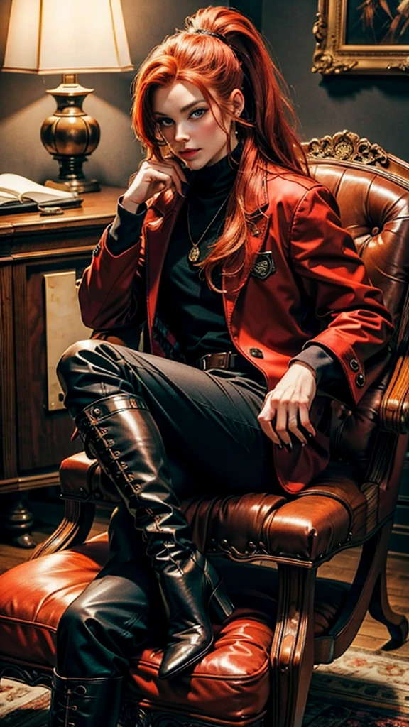 Sitting in the armchair, A beautiful redhead with a ponytail, in elegant black boots, elegant, beautiful female red coat, red painted nails, blue eyes, Beautiful young man, having beard