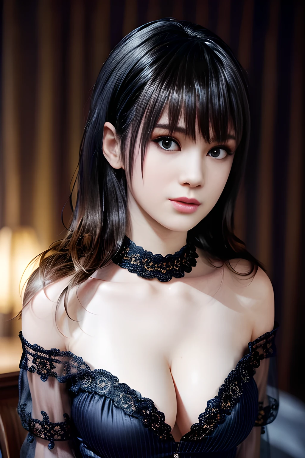 1girl,long sleeves, black dress, off shoulder, bare shoulders, long dress, see-through, tulle dress, , huge breasts, lactation, starry background, elegance, magical atmosphere, (soft lighting:1.5), serene, graceful, beautiful detailed eyes, beautiful detailed lips, extremely detailed face, long eyelashes,  (best quality, 4k, 8k, highres, masterpiece:1.2), ultra-detailed, (realistic, photorealistic, photo-realistic:1.37), vibrant colors,  focus on thighs and above,Nanami