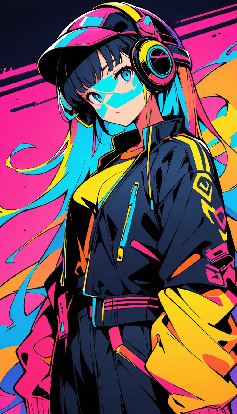 (high quality, 8K, 4k, high contrast, masterpiece:1.2, 最high quality, best aesthetics), (dynamic angle), ((1 female)), ((cyber punk)), ((flat color)), ((Colorful Art)),Helmet,riders jacket, looking at the viewer, Upper body, Colored Background, high contrast, Contrasting colors, cowboy shot,