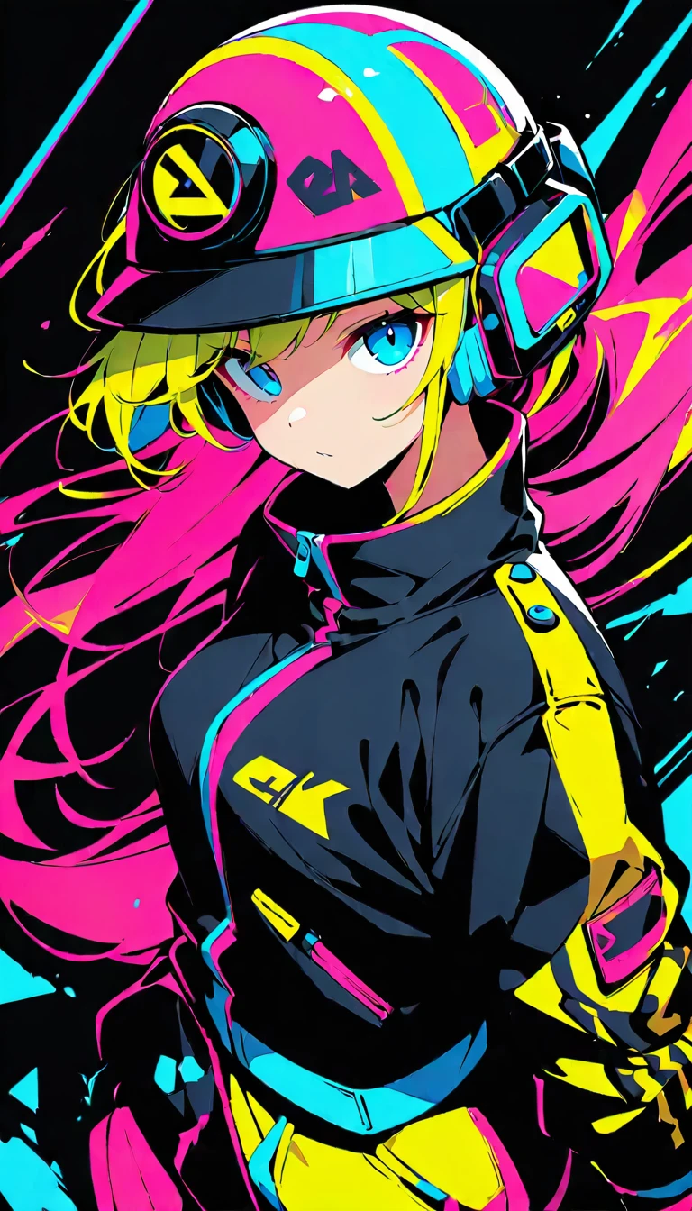 (high quality, 8K, 4k, high contrast, masterpiece:1.2, 最high quality, best aesthetics), (dynamic angle), ((1 female)), ((cyber punk)), ((flat color)), ((Colorful Art)),Helmet,riders jacket, looking at the viewer, Upper body, Colored Background, high contrast, Contrasting colors, cowboy shot,