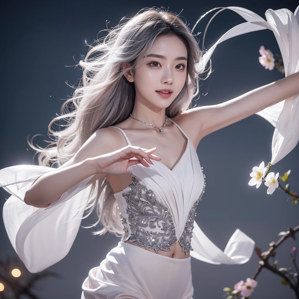 Masterpiece best night full moon 1 female sister rain sister smile expression silver white long hair woman light pink lips calm intellectual three rings gray eyes assassin short knife, Flowers, Card Details, Finger details,Dance for subject 3,panoramic,whole body,