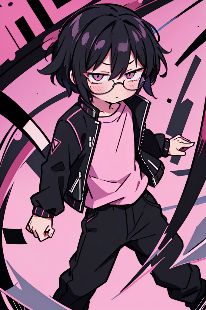 black pants, Sharp image, man, Black hair with pink ends, wearing a pink jacket. , has a dull, bored face, wears round glasses, has short, neat hair,