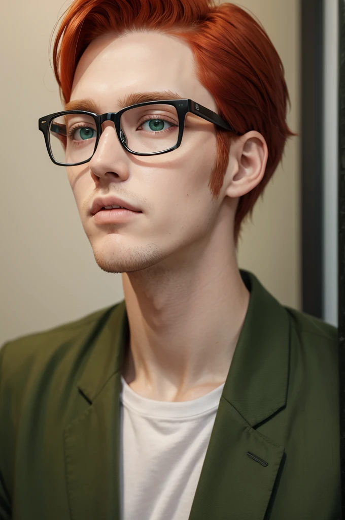 tall boy, half redhead, green eyes wears glasses, Round face 