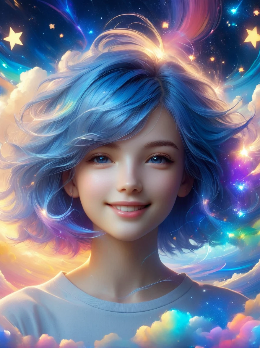 masterpiece,best quality,aesthetic,detailed face,subsurface scattering,bird view, wrenchsfantasy,fantasy,1girl,photo of a cute girl,light smile,charming,20yo,asymmetrical hair.Swaying hair,Electric blue hair,glowing,cloud,colorful starry,stars,broken, space style,style-swirlmagic,style-sylvamagic,rainbow-candy, legendary, outstanding, delicate, elegant, luxury, creative, beautiful classic contemporary fine cinematic composition, great expressive dynamic dramatic atmosphere, spectacular light, symmetry, detailed, rich colors, ambient background, inspiring, lovely grand lucid wonderful surreal perfect complex intricate color, stunning epic colossal imposing amazing singular fascinating massive