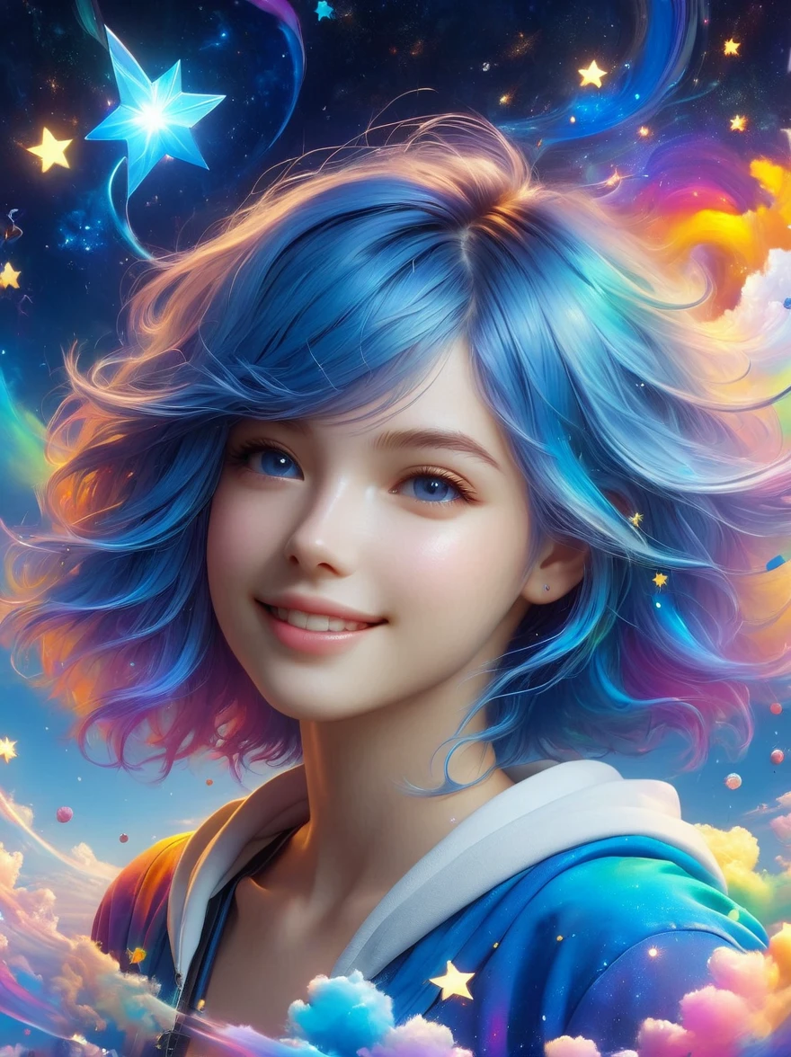 masterpiece,best quality,aesthetic,detailed face,subsurface scattering,bird view, wrenchsfantasy,fantasy,1girl,photo of a cute girl,light smile,charming,20yo,asymmetrical hair.Swaying hair,Electric blue hair,glowing,cloud,colorful starry,stars,broken, space style,style-swirlmagic,style-sylvamagic,rainbow-candy, legendary, outstanding, delicate, elegant, luxury, creative, beautiful classic contemporary fine cinematic composition, great expressive dynamic dramatic atmosphere, spectacular light, symmetry, detailed, rich colors, ambient background, inspiring, lovely grand lucid wonderful surreal perfect complex intricate color, stunning epic colossal imposing amazing singular fascinating massive