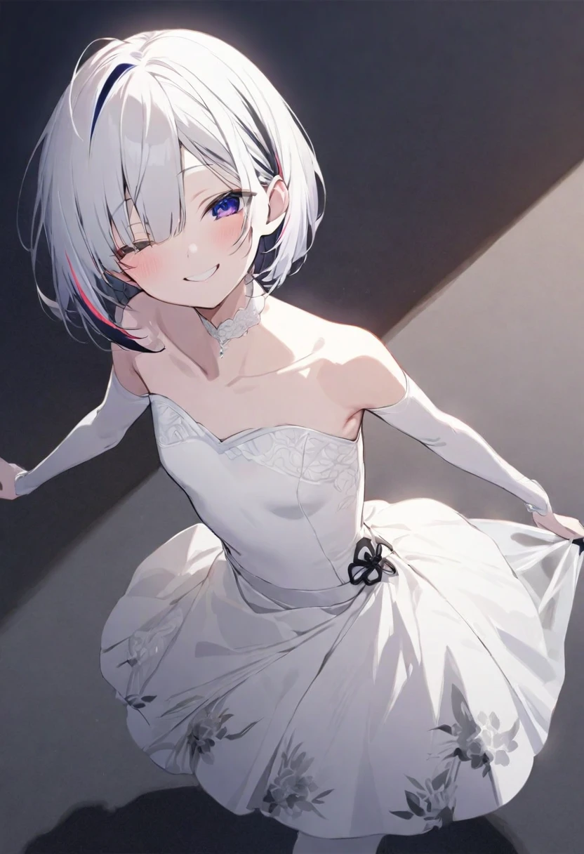 (masterpiece), (best quality), perfect face, beautiful girl, white background background, delicate and beautiful face and eyes, dark intense shadow, Traditional Chinese ink painting, 1 girl, vtuber style, cool girl, hololive,amane kanata, streaked hair, short hair, Wedding dress, small chest, cropped shoulders, clavicle, one eye close winking, smile, body visible through clothes, chest visible through clothes, (full body), looking at viewer, standing,