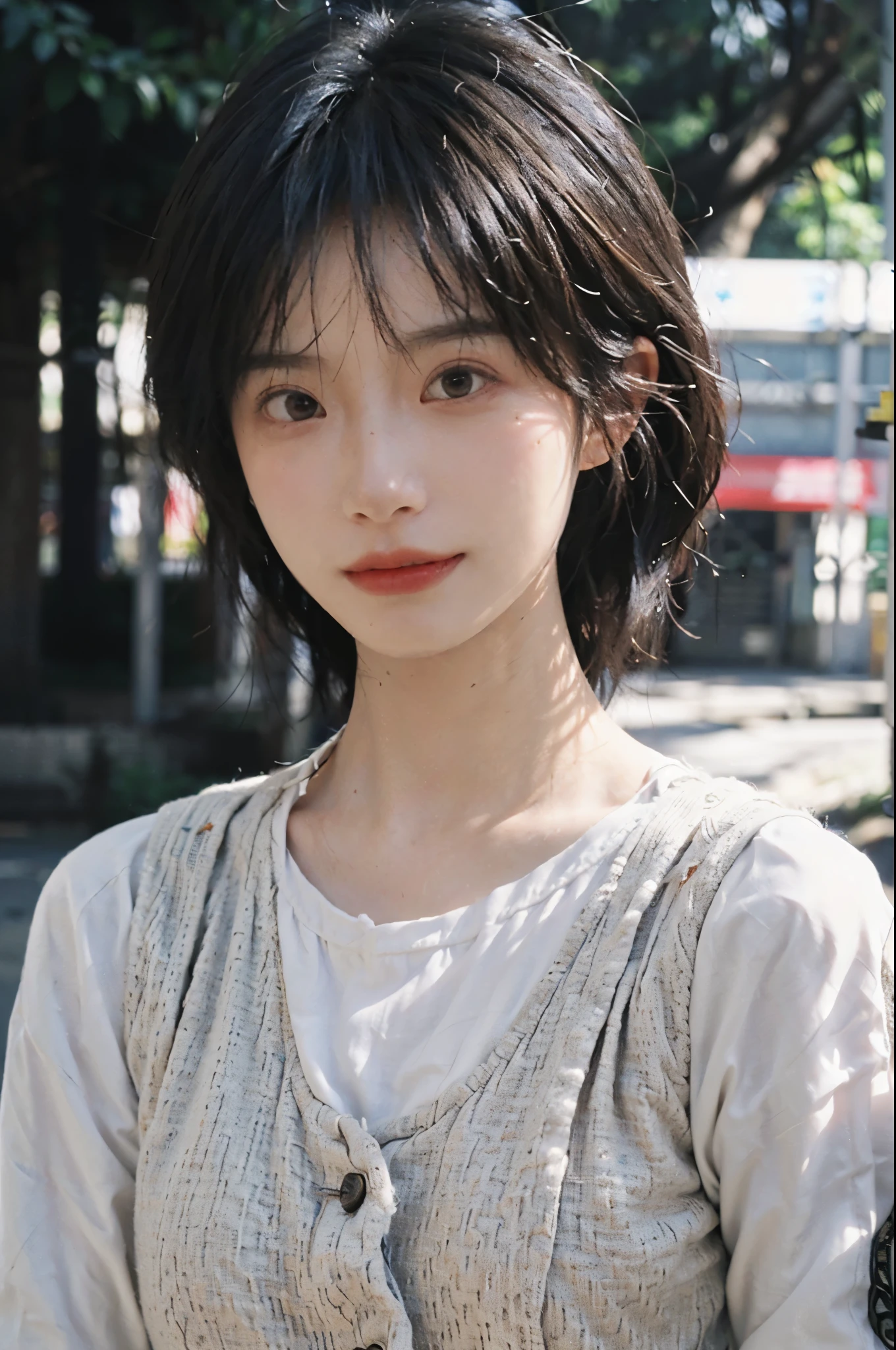 (Skin details:1.4), (smooth skin textures:1.3), Lipstick, background, earrings, serene, calm, (Realistic and detailed eyes:1.2), Natural skin texture, Realistic facial details, Soft dramatic lighting, Vivid details, 35 mm film, outdoor, (Photo Practical:1.4), (hyper Practical:1.4), (Practical:1.3), (Smoother lighting:1.05), (Improve lighting quality:0.9), (Highest quality real skin textures:1.4), Exquisite eyes, Delicate face, Close-up of face, (Enhance the beauty of skin texture:1.1), Hair details, Vest,normal body ratio, short hair, Moles under the eyes, thinking, A faint smile,公园background,Portrait Photography, Depth of Field, Bokeh, Surrealism, Ray Tracing, (Portrait Photography:1.1), Surrealism, High Detail, Chiaroscuro, Ray Tracing, reflected light, Ultra HD, Ultra HD, masterpiece, Textured Skin, Super Detail, High Detail, high quality, best quality