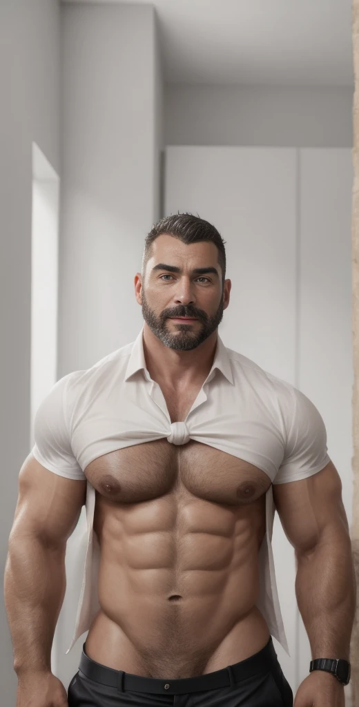 1boy, European, solo, facial hair,34 yrs old, dom, male focus, bald head, bara, muscular, mature male, muscular male, beard, short hair, thick eyebrows, fair-skinned male, thighs, fancy suit, dark skin, tie, tight white shirt, tight pants, open jacket, grey business suit, cop agent uniform, feet out of frame, thick thighs, looking at viewer, masterpiece, 4k, high quality, highres, absurdres,