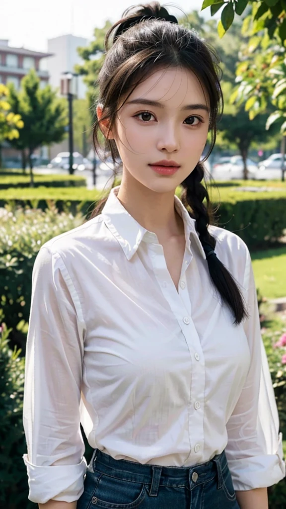 White collared shirt,jeans,outdoors,Urban Park,On the lawn,One woman,close up face,fully body photo,masutepiece, The highest image quality, High quality, the background is clear，Beautiful woman, Japanese, Detailed, Ultra-detailed, finely detail, hight resolution, 8K Wallpaper, Perfect dynamic composition, Beautiful detailed eyes ,Detailed eyes, Detailed skin, Beautiful skin, 超hight resolution, (reality: 1.4),Very beautiful woman, Slightly younger face, Beautiful skin, slender, (Ultra photo realsisim), (hight resolution), (8K), (Very detailed) (beautifully detailed eyes), (super detailed),   (Detailed face), view the viewer, Fine details, Detailed face, Staring straight ahead, Staring straight ahead, photos realistic, Bright lighting, Professional Lighting, Black hair,poneyTail,a baby face,sixteen years old,Hairstyle: ponytail,Long ponytail hairstyle,slight smile,