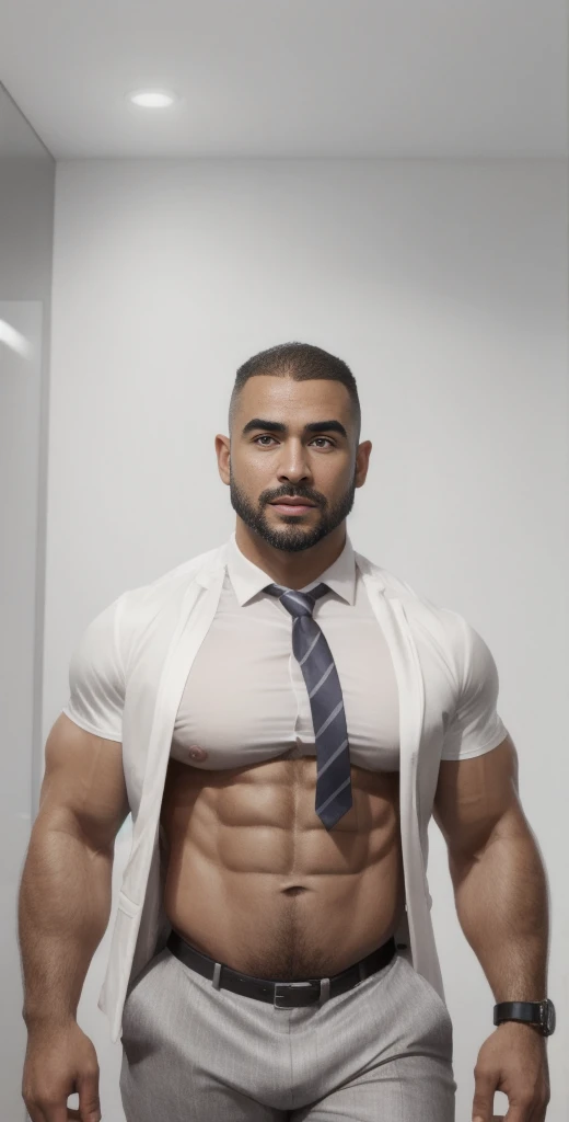 1boy, European, solo, facial hair,34 yrs old, dom, male focus, bald head, bara, muscular, mature male, muscular male, beard, short hair, thick eyebrows, fair-skinned male, thighs, fancy suit, dark skin, tie, tight white shirt, open jacket, grey business suit, cop agent uniform, feet out of frame, thick thighs, looking at viewer, masterpiece, 4k, high quality, highres, absurdres,