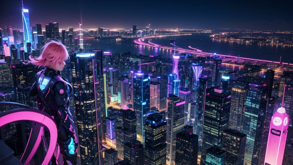 Fictional cities, Near future , cyber-, night, View from the roof of the building, night景, Bright colors,cyber-パンクのまばゆいばかりの街並み, Skyscrapers with bright and vivid colors, Neon Signs,The pink color stands out