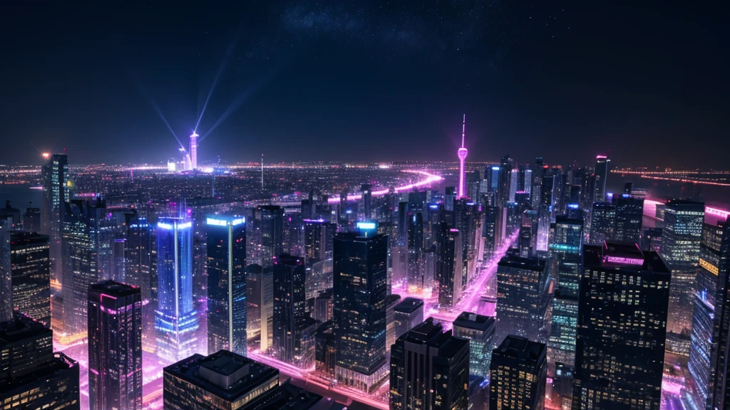 Fictional cities, Near future , cyber-, night, View from the roof of the building, night景, Bright colors,cyber-パンクのまばゆいばかりの街並み, Skyscrapers with bright and vivid colors, Neon Signs,The pink color stands out