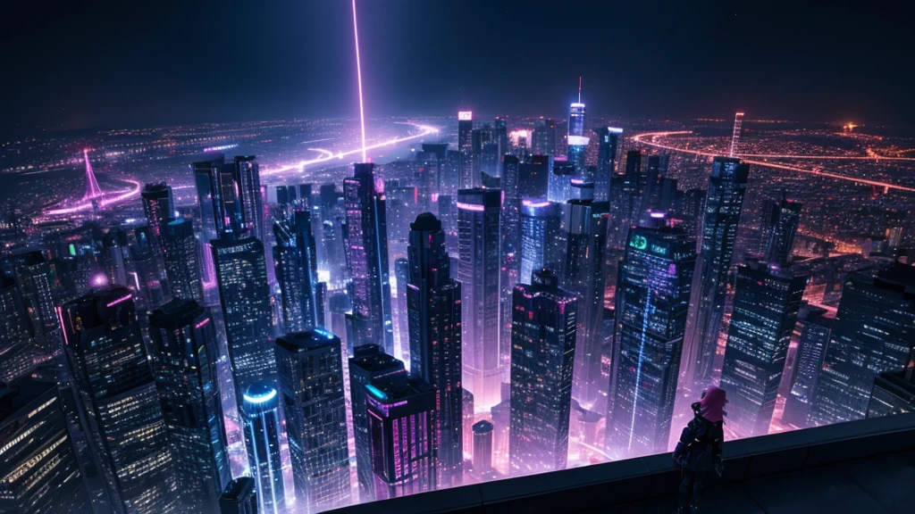 Fictional cities, Near future , cyber-, night, View from the roof of the building, night景, Bright colors,cyber-パンクのまばゆいばかりの街並み, Skyscrapers with bright and vivid colors, Neon Signs,The pink color stands out