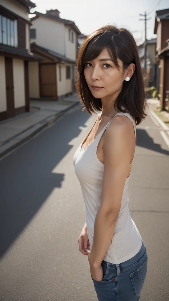 ((Highest quality)), ((8K)), ((masterpiece:1.3)), (Perfect look), (Photorealism:1.6), (TI, JMA), (Walking woman), (Japanese MILF Shoots a Gun), (Japanese houses line both sides of the road), Blurred Background, ((Realistic skin texture)), (Fine wrinkles appear all over the skin), (Dull skin), (Unmoisturized skin) , (Facial wrinkles), (Wrinkles around the eyes), double eyelid, Lower eyelid tear trough, Serious look, Shooting Gaze, (Dimples), Red lips, (Short bangs), short hair, Long hair with curled ends, (Hair over the ears), A tense look, Soft fabric tank top, Slim jeans, High heels, Hair blowing in the wind, Small breasts, (Stretch out your arms in front of you and hold your gun), (whole body),