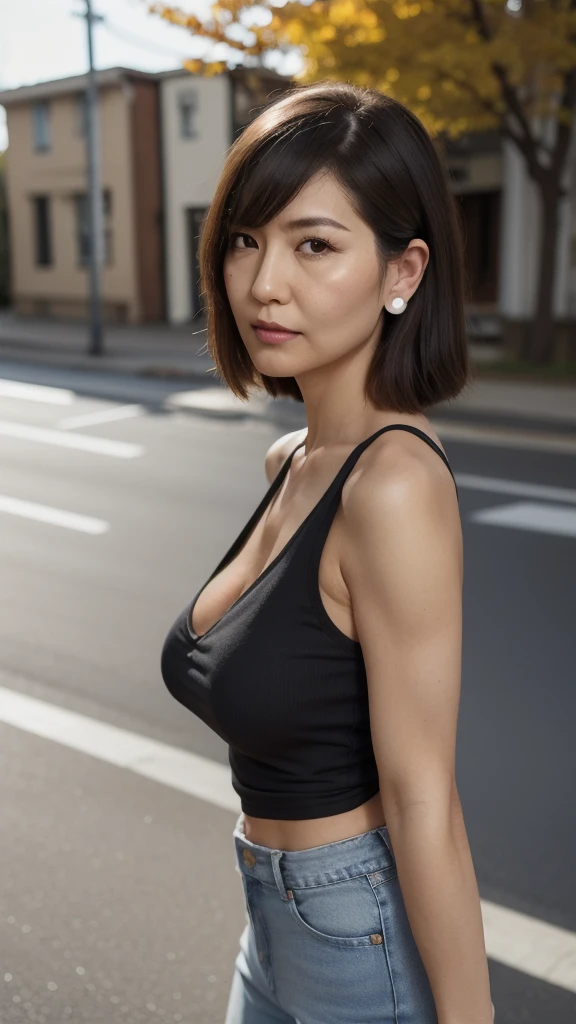 ((Highest quality)), ((8K)), ((masterpiece:1.3)), (Perfect look), (Photorealism:1.6), (TI, JMA), (Walking woman), (Japanese MILF Shoots a Gun), (Japanese houses line both sides of the road), Blurred Background, ((Realistic skin texture)), (Fine wrinkles appear all over the skin), (Dull skin), (Unmoisturized skin) , (Facial wrinkles), (Wrinkles around the eyes), double eyelid, Lower eyelid tear trough, Serious look, Shooting Gaze, (Dimples), Red lips, (Short bangs), short hair, Long hair with curled ends, (Hair over the ears), A tense look, Soft fabric tank top, Slim jeans, High heels, Hair blowing in the wind, Small breasts, (Stretch out your arms in front of you and hold your gun), (whole body),