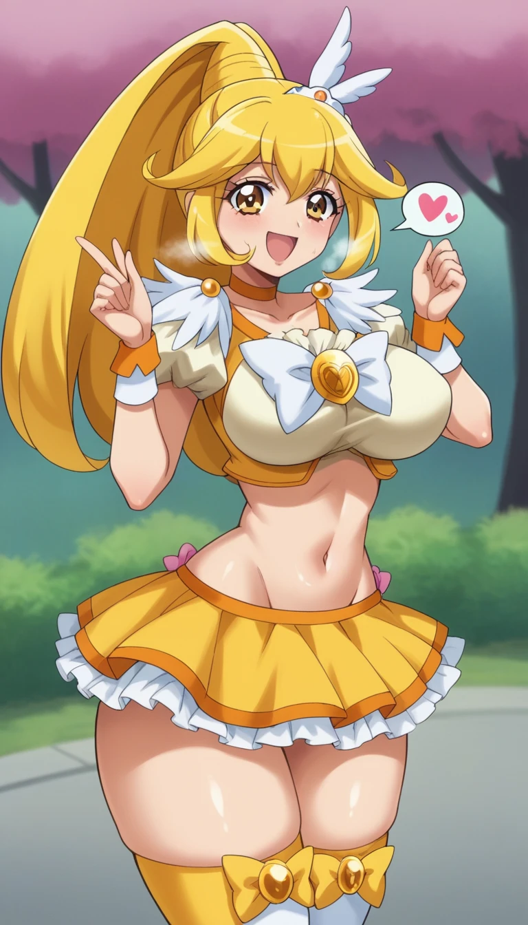 score_9, score_8_up, score_7_up, outdoor,
BREAK
source_anime, 
BREAK
1girl, curepeace, ponytail, yellow hair, elect big nipple, huge breasts, happy,  spoken heart, 
yellow magical girl, navel, wing hair ornament, cropped top, frilled wrist cuffs, friled skirt, thighhighs, 
tall, leggy, glistened skin, oiled skin, shiny skin, heavy breathing, wide hips, tight waist, thick thighs,
contrapposto, 
looking_at_viewer,