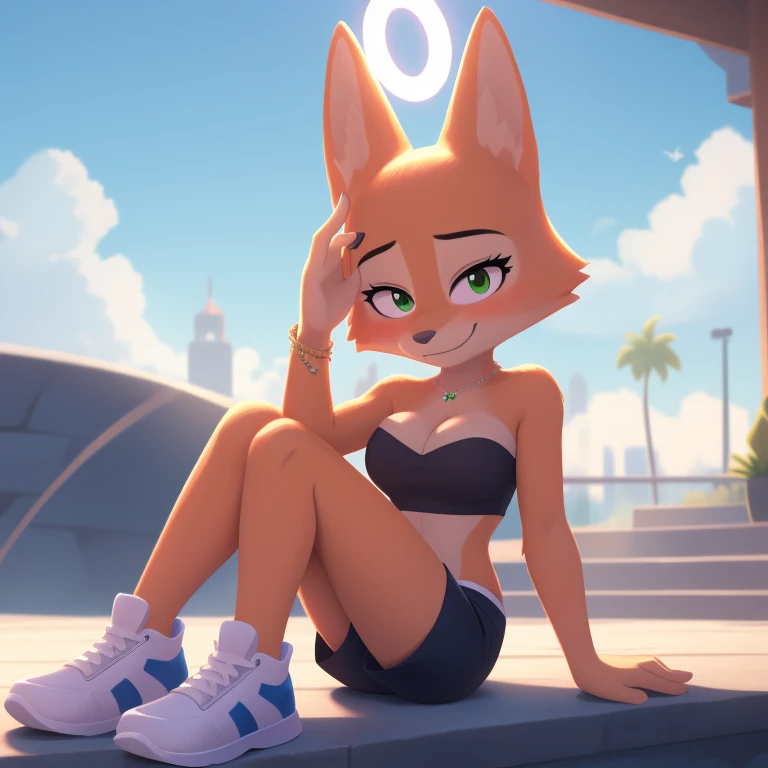 Diane Foxington, pyjama elastic shorts, strapless crop top, cleavage, high-top sneakers, halo, sunglasses, jewelry, green eyes, longeyelashes, green eyes, smile, shy, blush, high detail, masterpiece, UHD, anatomically correct, super detail, highres, 4K