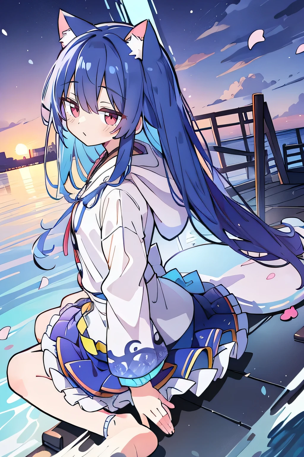 (masterpiece:1.2),Super detailed,lifelike,Expressive eyes,fair skin,perfect face shape,1 girl,
Japanese comics,Gorgeous blue hair,flowing blue hair,flowing clothes,Cat ears,Petals fall,beautiful lola,Baby Angel,sunrise,
Shaking head with one hand,Cross your legs,Gentle and peaceful background,The pavilion is cool and comfortable,smile, wearing hoodie, background of tokyo,back views,snowing, winter,seaside,wet clothes,A smile,A faint smile,。