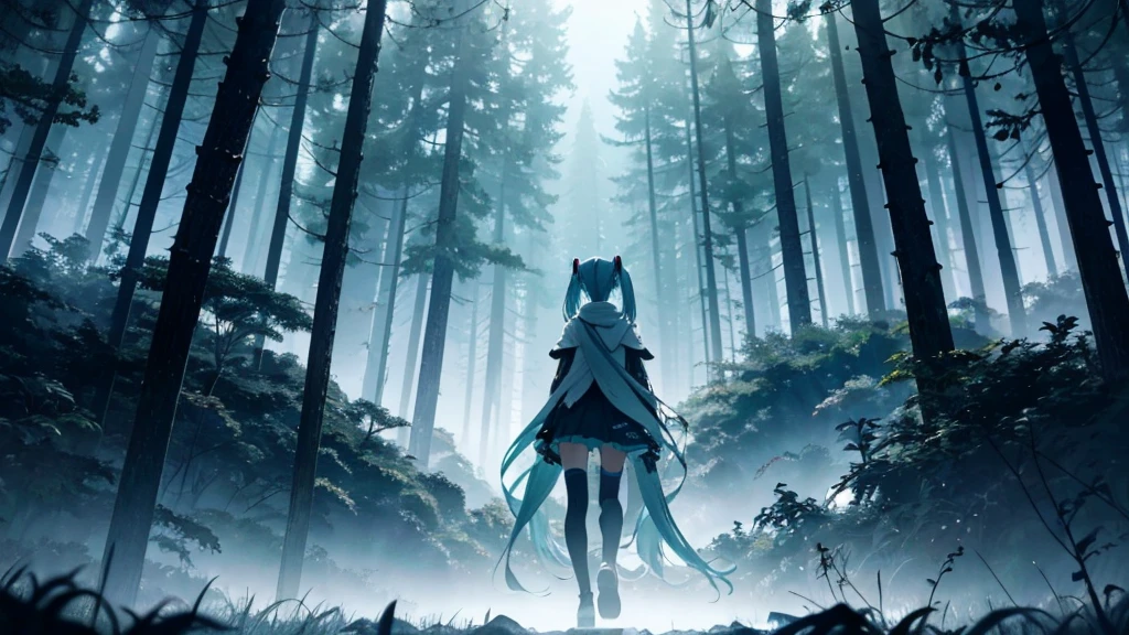 Set against the backdrop of an adventurous fantasy world、This is an image of Hatsune Miku walking through a dark forest.。She wears a mysterious cloak。The surroundings are shrouded in fog、In the distance you can see the silhouette of an ancient castle。The sky is a starry night、The moon casts a magical light over the forest.。