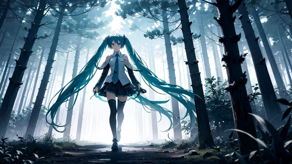 Set against the backdrop of an adventurous fantasy world、This is an image of Hatsune Miku walking through a dark forest.。She wears a mysterious cloak。The surroundings are shrouded in fog、In the distance you can see the silhouette of an ancient castle。The sky is a starry night、The moon casts a magical light over the forest.。