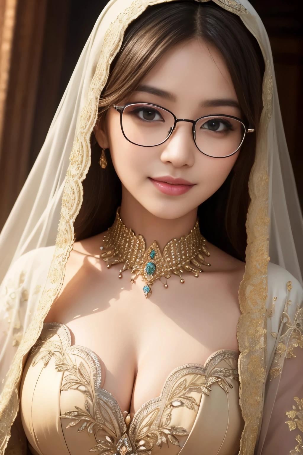 Glasses, bottomless, Flashy, grandeur, glamor, cleavage, hijabi, Absurd, ultra-detailed, high quality, masterpiece, detailed face, beautiful eyes(detailed eyes), javanese, gentle and graceful, face exudes warmth and kindness, eyes described as soft and comforting, gentle and steady gaze, overall appearance is simple and modest, The fabric of her garments is usually depicted as soft and earth-toned, beauty lies not in extravagant adornments, Her smile is serene and welcoming