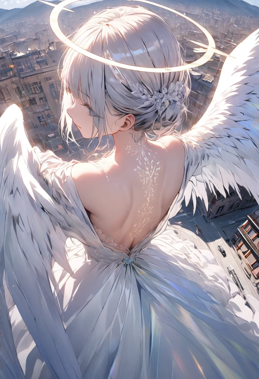 A (back view:1.5) of a very beautiful female angel\(long platinum hair, wide-backed white dress,(big beautiful angel wing from her chest),very beautiful shiny halo\), she is spreading her arms wide and gently as if seeking salvation, she is above the clouds looking down on the world below, a fierce war\((so many sparks and fires), missles, battle plane, many buildings collapsing, nature being destroyed, a magnificent andspectacular scenery\) is taking place below the clouds, BREAK ,quality\(8k,wallpaper of extremely detailed CG unit, ​masterpiece,hight resolution,top-quality,top-quality real texture skin,hyper realisitic,increase the resolution,RAW photos,best qualtiy,highly detailed,the wallpaper,cinematic lighting,ray trace,golden ratio\),[nsfw],dynamic angle,[nsfw],from above