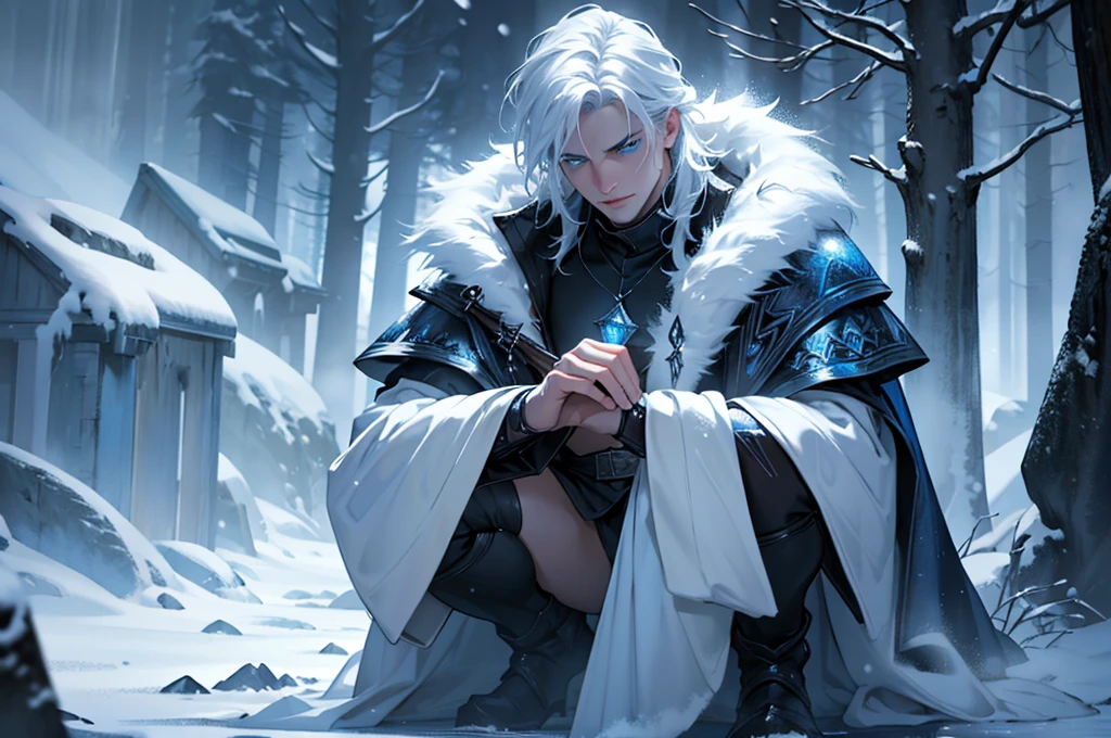 A young and handsome man, mage, white hair, blue eyes, adventurer, in a snowy place, alchemist's clothes, (best quality,4k,8k,highres,masterpiece:1.2),ultra-detailed,(realistic,photorealistic,photo-realistic:1.37),detailed face, beautiful detailed eyes, beautiful detailed lips, extremely detailed eyes and face, long eyelashes, full body, fantasy, magical, cold atmosphere, icy landscape, snow, winter, alchemy, mystical, cinematic lighting, dramatic lighting, moody lighting, vibrant colors, ethereal
