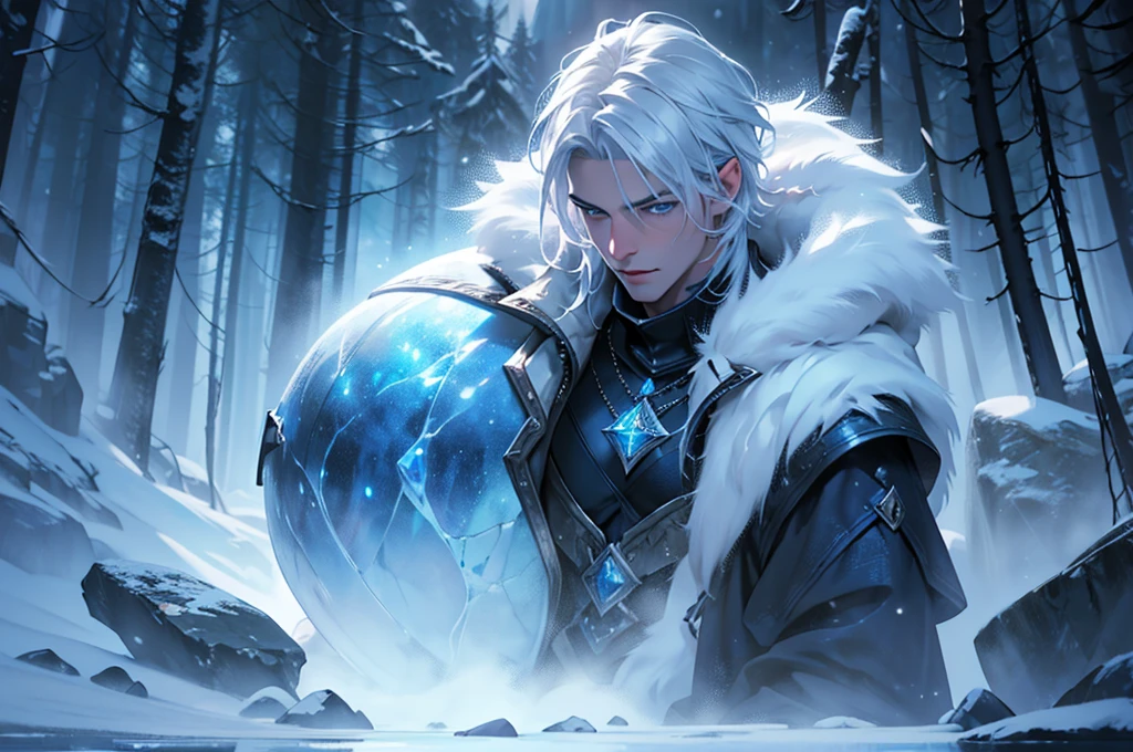 A young and handsome man, mage, white hair, blue eyes, adventurer, in a snowy place, alchemist's clothes, (best quality,4k,8k,highres,masterpiece:1.2),ultra-detailed,(realistic,photorealistic,photo-realistic:1.37),detailed face, beautiful detailed eyes, beautiful detailed lips, extremely detailed eyes and face, long eyelashes, full body, fantasy, magical, cold atmosphere, icy landscape, snow, winter, alchemy, mystical, cinematic lighting, dramatic lighting, moody lighting, vibrant colors, ethereal
