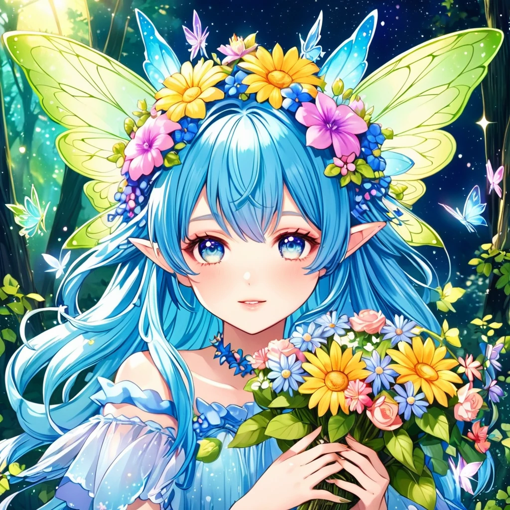 Anime girl with blue hair and blue eyes holding a bouquet, Elf Girl wearing an flower suit, Fairyの女王のように微笑む, 森のFairy, 星のFairy, Fairyの肖像画, 宇宙の花のFairy, 美しいFairy, Beautiful fantasy anime, Fairyの肖像画, Fantasy art style, 夏の森のFairyの女王, Elf Girl, Fairy, Elf Princess