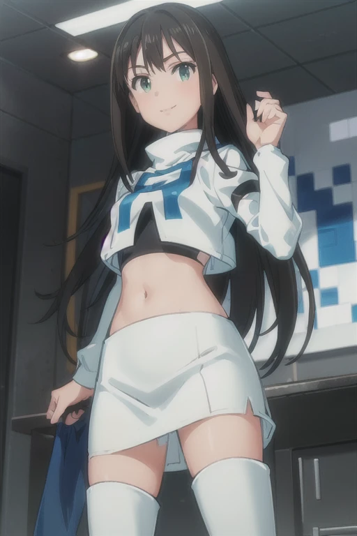 (((pixel-perfect, detail-perfect))), solo, 1girl, rin shibuya, team rocket uniform, white jacket, white skirt, thighhigh boots, midriff, smile, bedroom